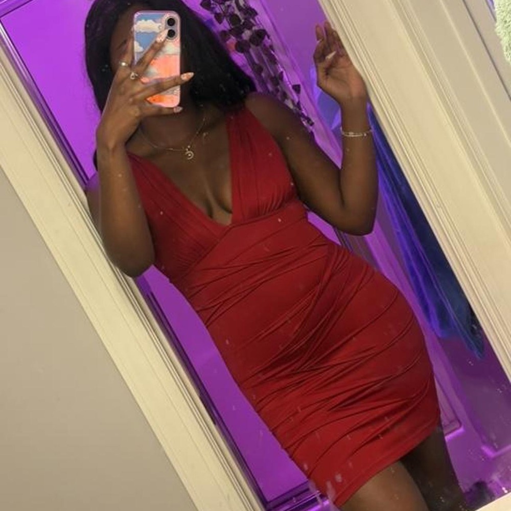 Forever 21 XXI Red Ruched V Neck Mini Dress Petite Small